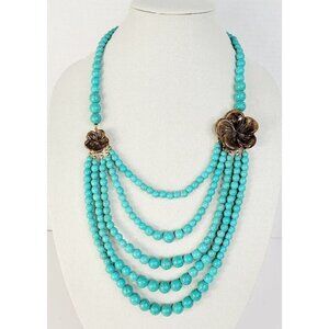 CHARMING CHARLIE Statement Multi Strand Beaded Turquoise Flower Necklace 23-26"